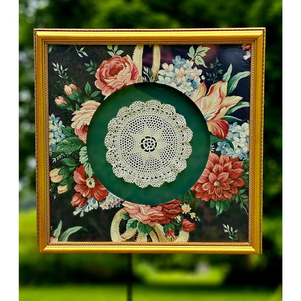Vintage Framed Doily Wall Art Ornate Gold Frame Floral Matting Boho Cottagecore